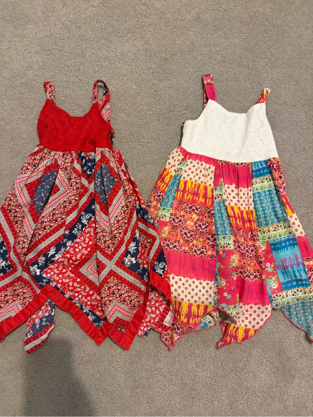 Boho Patchwork Handkerchief Hem Sundress — Red & Multicolor